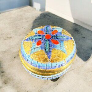 Signed Italian Round Hand Painted Trinket Dish W Lid Jewelry Holder Storage VTG